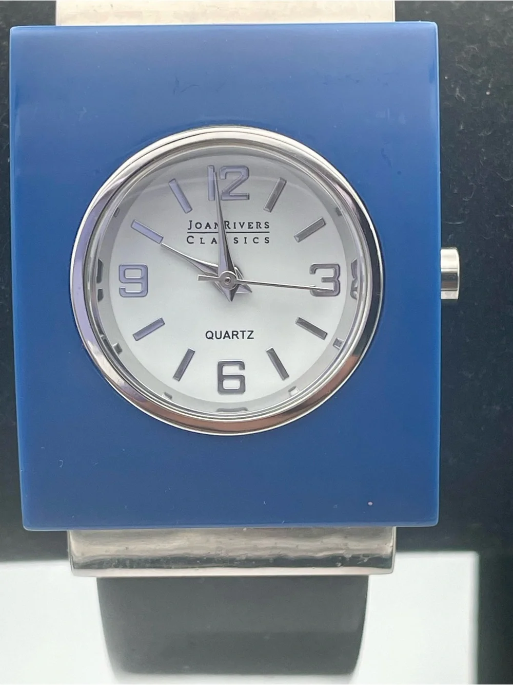Joan Rivers Classic Blue Acrylic Square Dial Quartz Watch w/Black Clamper Band